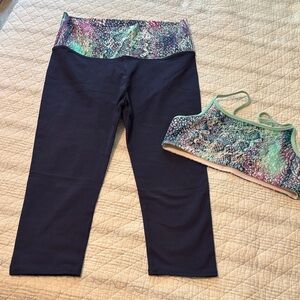 Fabletics Navy Capri Set with Aqua-Purple Printed Waistband and Bra